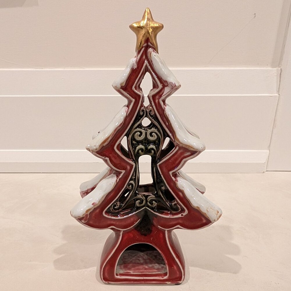 Green and Red Ceramic Christmas Tree with Gold Star Tealight Lit